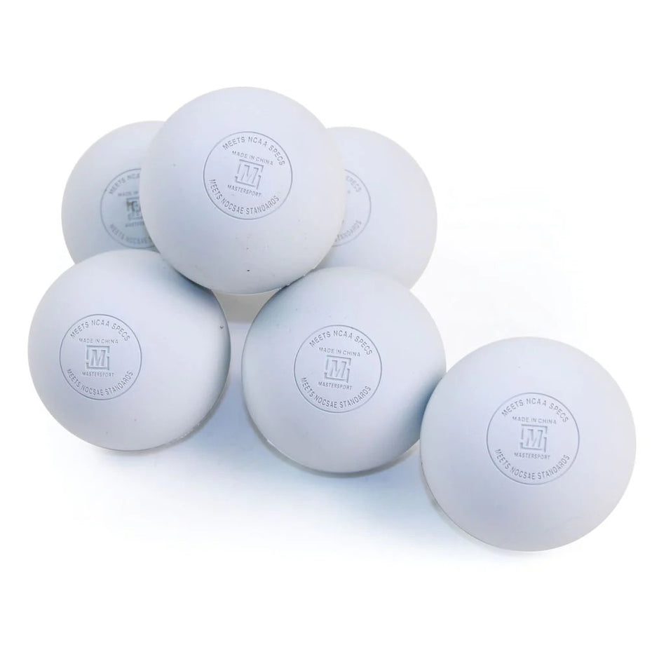Six white Mastersport Lacrosse Balls from the 6 Pack by Mastersport are arranged in a small pyramid on a white background, with one additional ball placed in front.