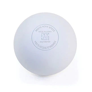 A Mastersport Lacrosse Ball from the 6 Pack is white with printed text showing NCAA approval, NOCSAE compliance, made in China, and includes the Mastersport logo to confirm it’s a regulation rubber ball.