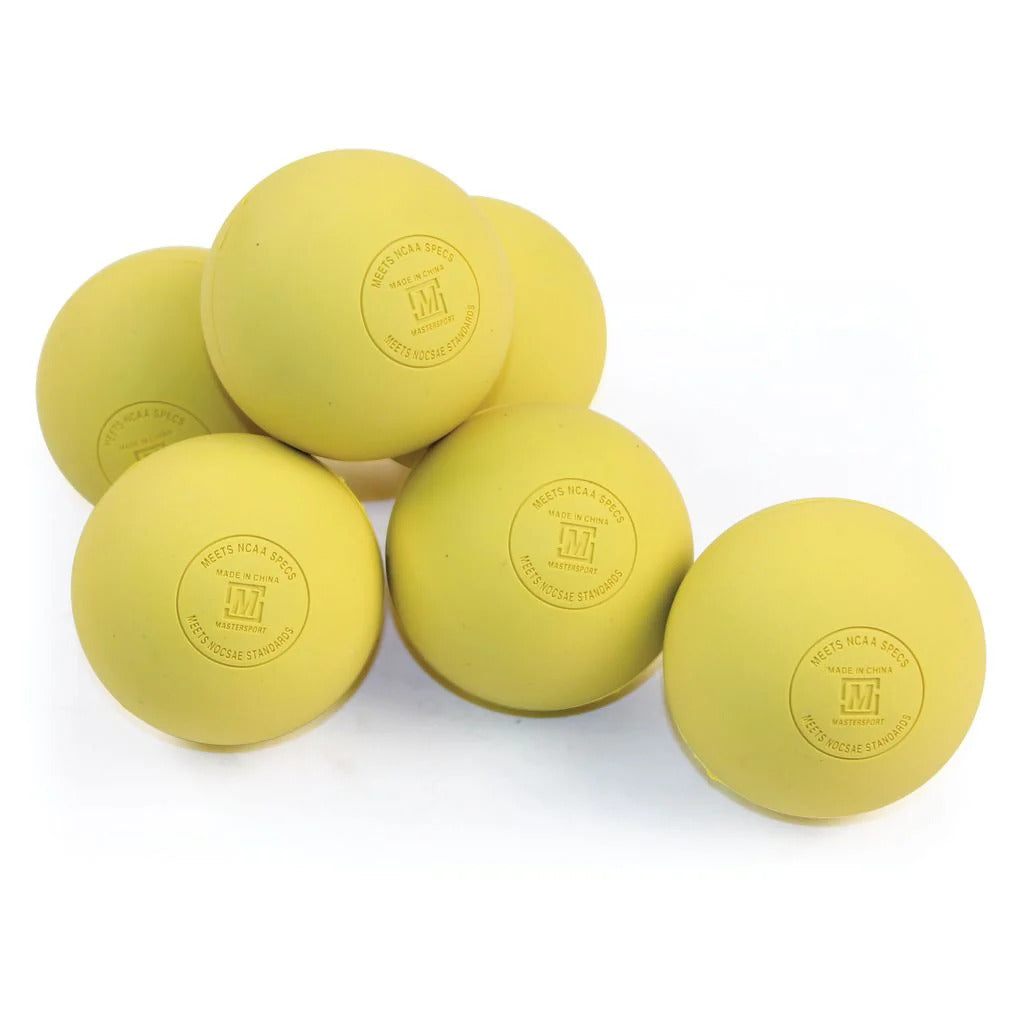 Six yellow Mastersport Lacrosse Balls are stacked in a loose pyramid, each showing an official certification stamp. Made of regulation rubber by Mastersport, this 6 pack meets NFHS game play specs. The background is white.