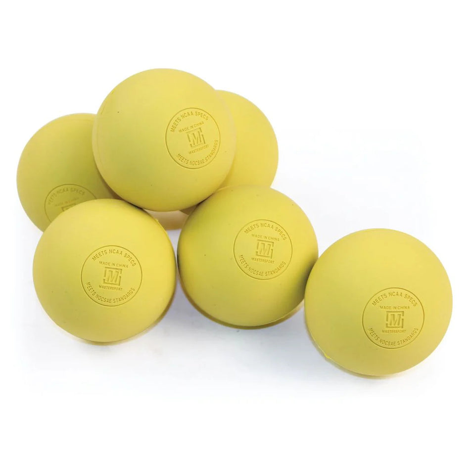 Six yellow Mastersport Lacrosse Balls are stacked in a loose pyramid, each showing an official certification stamp. Made of regulation rubber by Mastersport, this 6 pack meets NFHS game play specs. The background is white.