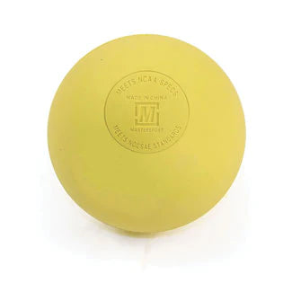 A yellow Mastersport Lacrosse Ball, stamped with “Mastersport” and designed to meet NFHS regulation standards for rubber balls.