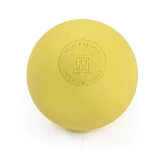 A Mastersport Lacrosse Ball from the Mastersport Lacrosse Ball 6 Pack, yellow and NCAA/NFHS approved, with imprinted text and logo, is shown from above on a white background.