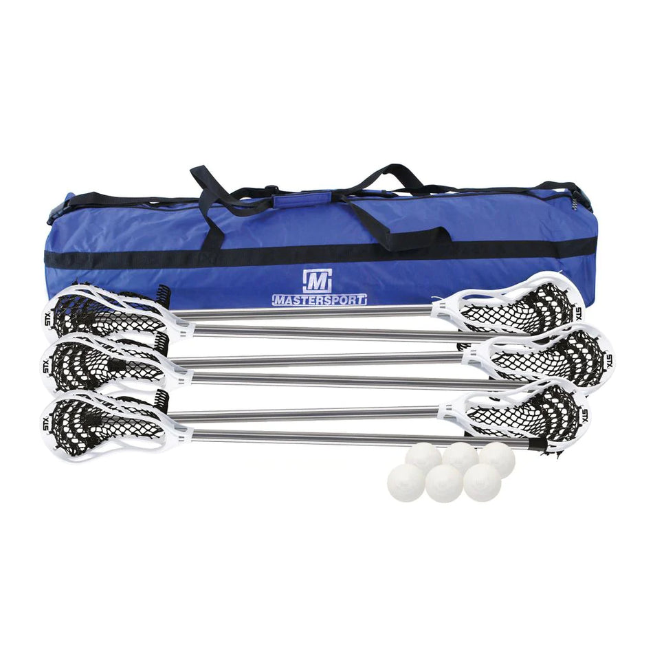A Mastersport STX Stallion 200 men's lacrosse stick set of 6 with white heads and soft mesh sits before a blue sports bag, while six white lacrosse balls are neatly placed in front.