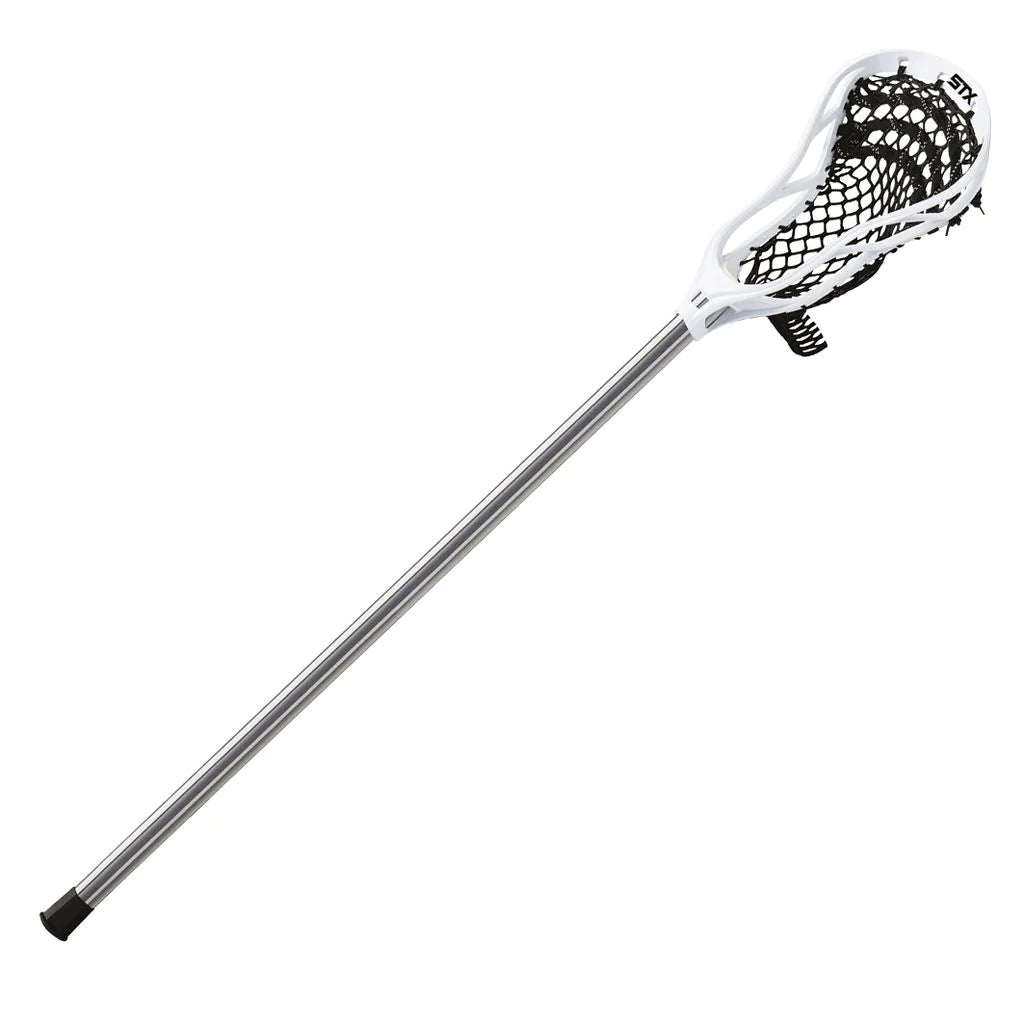The Mastersport STX Stallion 200 Men's Lacrosse Stick features a silver shaft and a white head with black netting and soft mesh, positioned diagonally on a white background—perfect for entry-level players.
