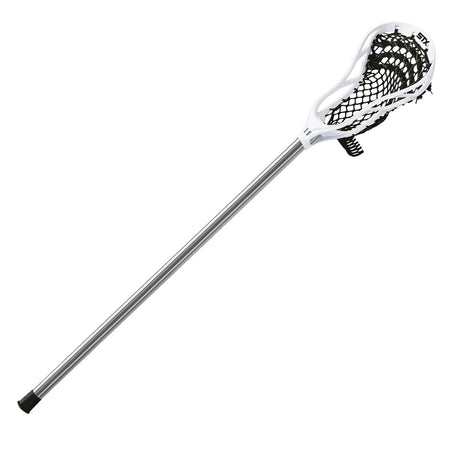 The Mastersport STX Stallion 200 Men's Lacrosse Stick features a silver shaft and a white head with black netting and soft mesh, positioned diagonally on a white background—perfect for entry-level players.