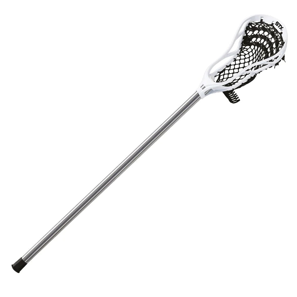 The Mastersport STX Stallion 200 Men's Lacrosse Stick features a silver shaft and a white head with black netting and soft mesh, positioned diagonally on a white background—perfect for entry-level players.