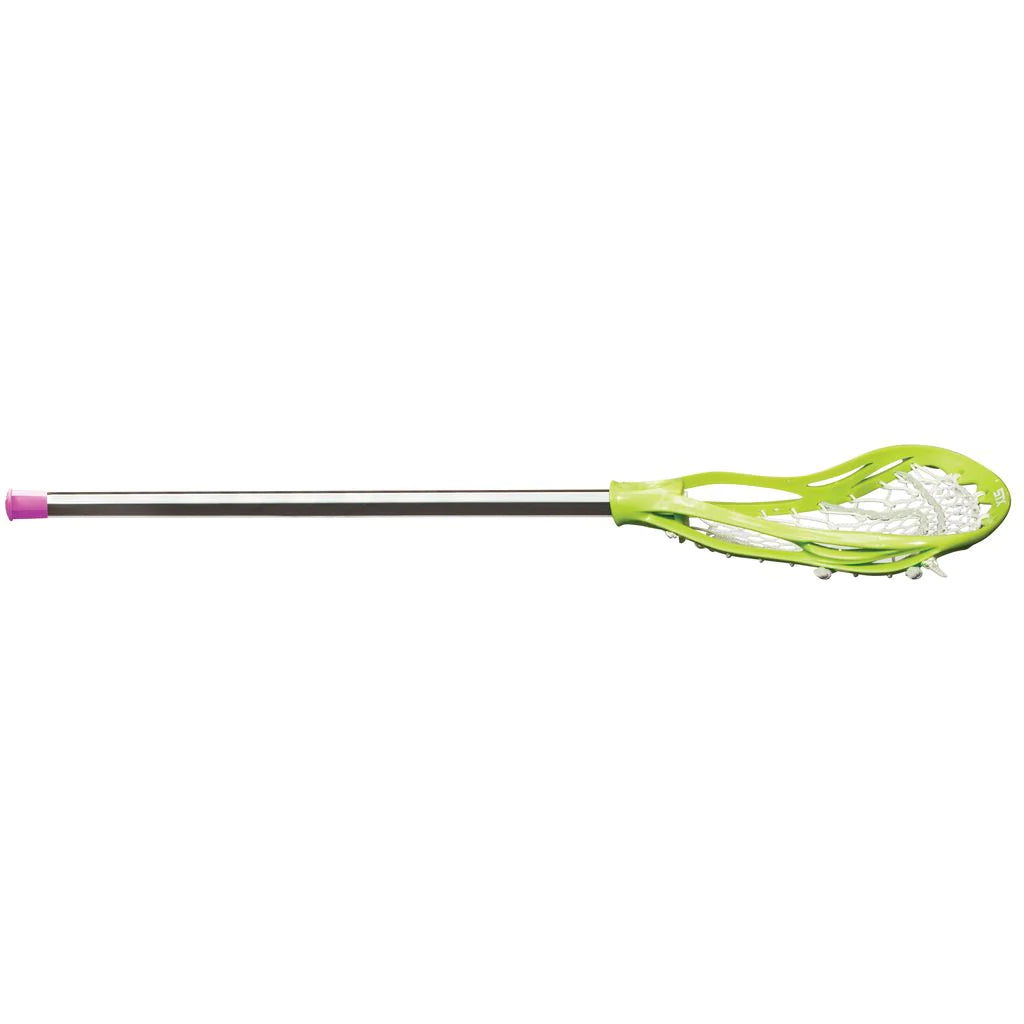 The Mastersport STX Exult 200 Women's Lacrosse Stick features an alloy handle, bright green head with white mesh pocket, and a pink end cap, shown horizontally against a white background.