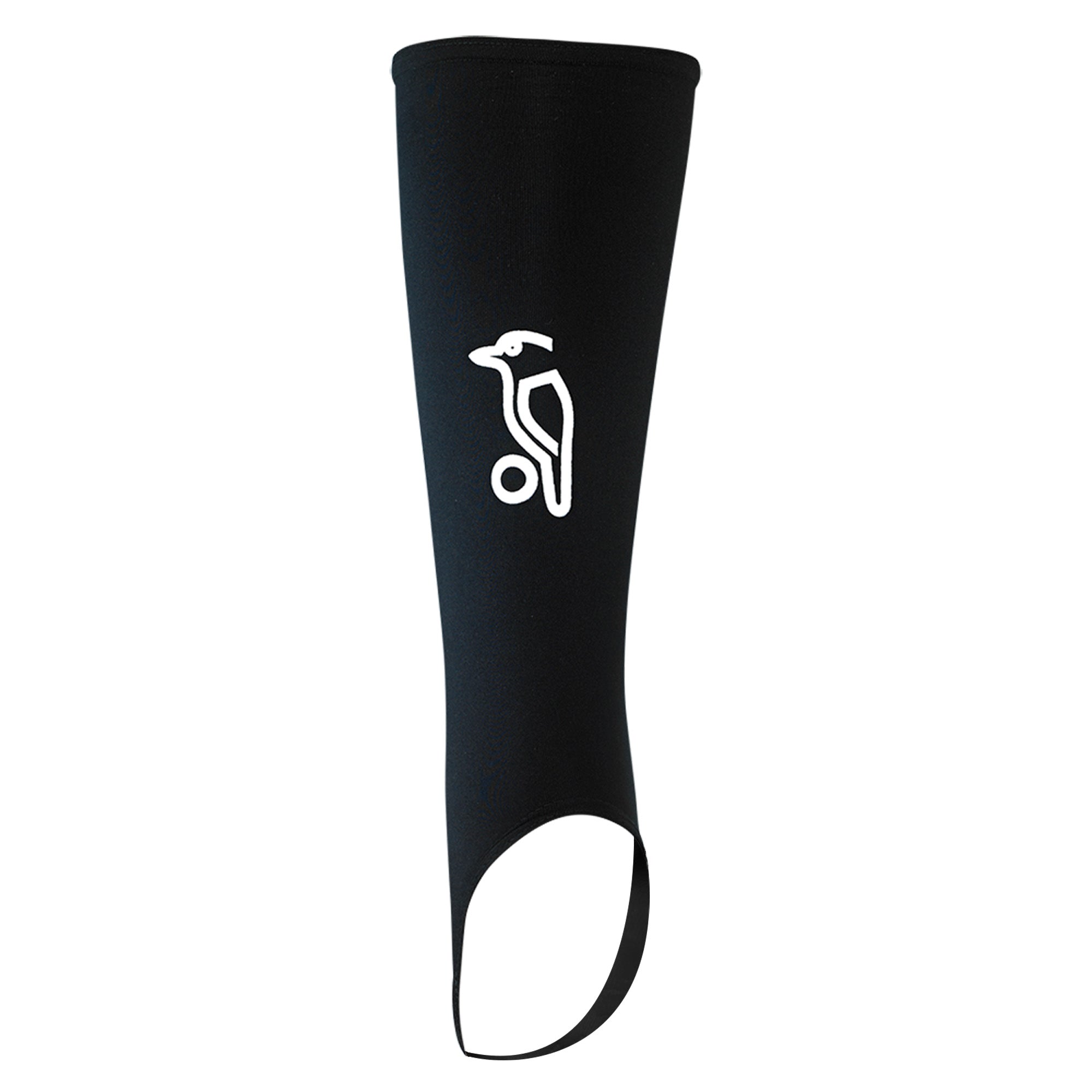 The Kookaburra Hockey Shin Sleeves by Kookaburra are black calf compression sleeves with a white bird logo, featuring a stirrup design and open foot area for wear over the lower leg like shin guard sleeves.