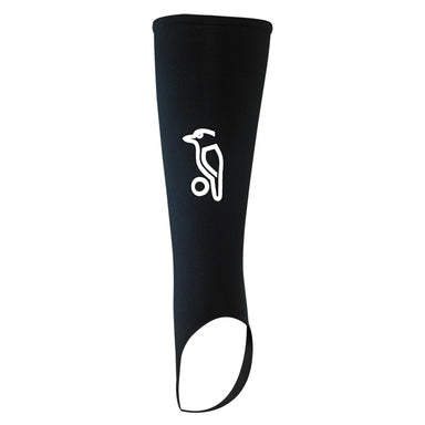 The Kookaburra Hockey Shin Sleeves by Kookaburra are black calf compression sleeves with a white bird logo, featuring a stirrup design and open foot area for wear over the lower leg like shin guard sleeves.