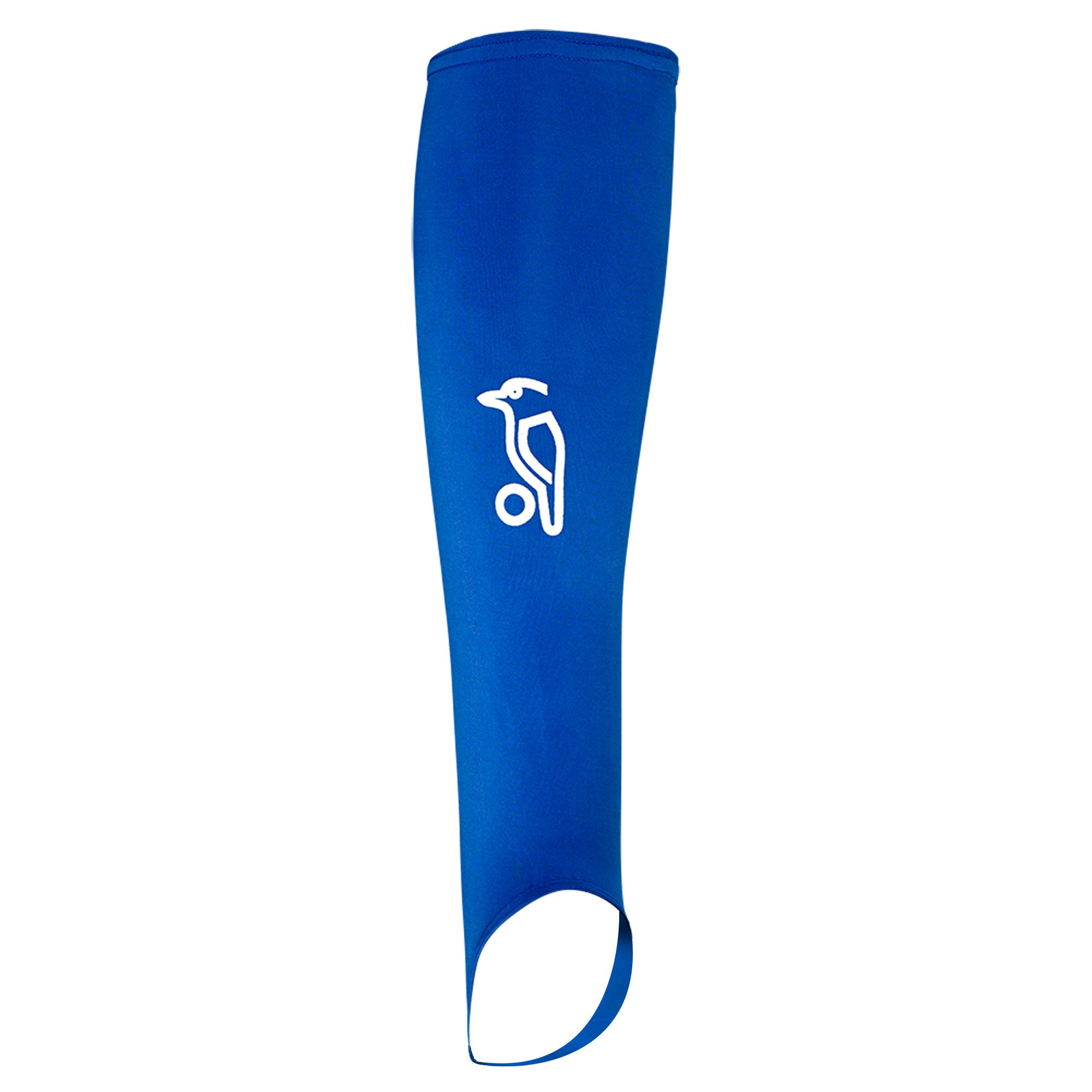 The Kookaburra Hockey Shin Sleeves by Kookaburra are blue with a stirrup design, featuring a white bird on a ball and an open heel for easy use over shin guard sleeves.
