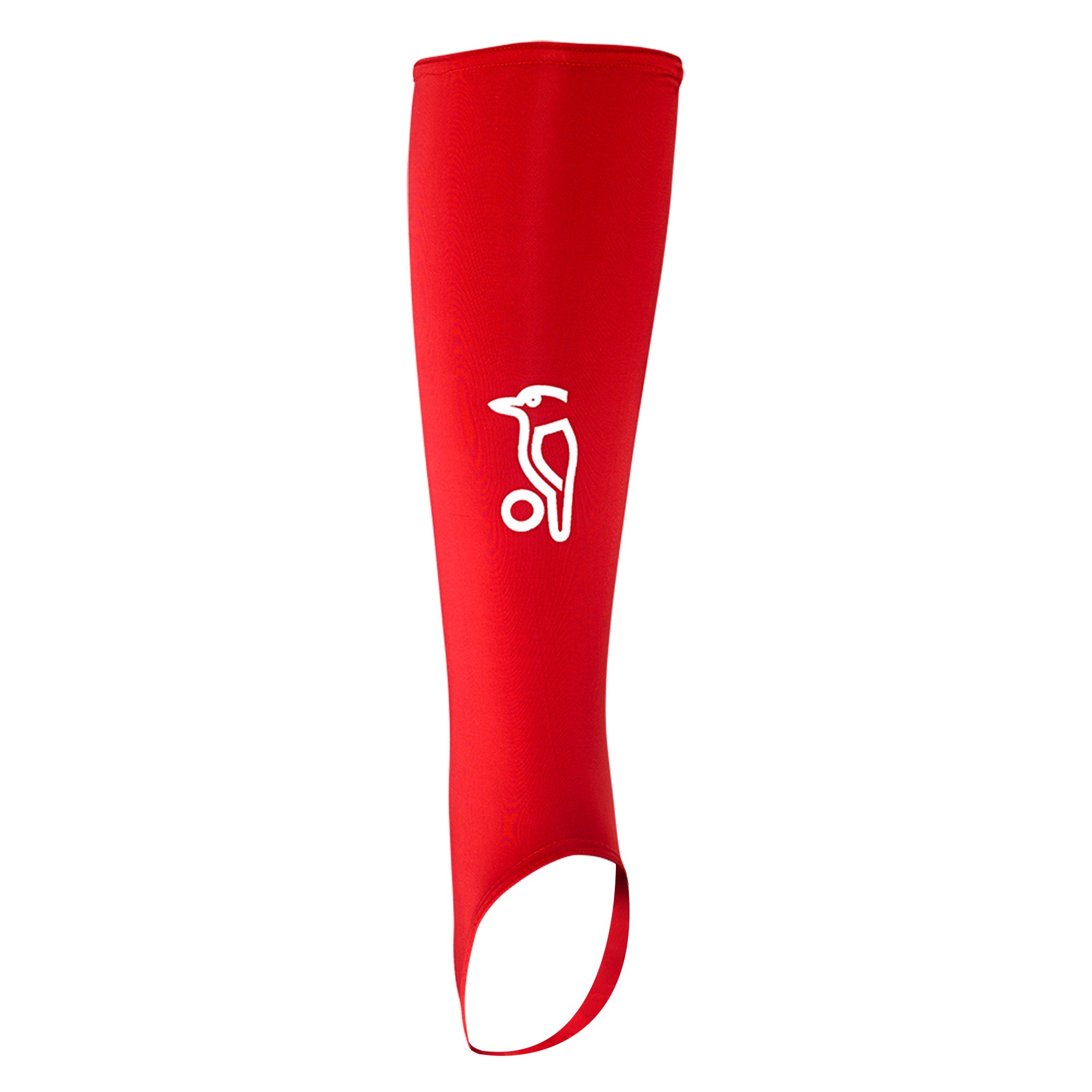 The Kookaburra Hockey Shin Sleeves by Kookaburra are red calf sleeves featuring a stirrup design and a white stylized bird logo, ideal as shin guard sleeves.