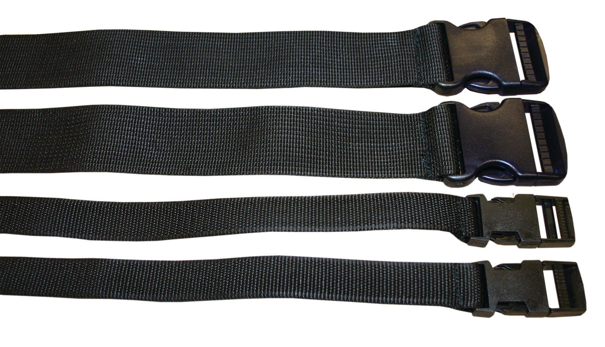 Four Mercian Legguard Straps are displayed horizontally on a white background, featuring both the male and female ends of the plastic buckle clips. Designed by Mercian, these durable black nylon straps provide a secure and reliable replacement for legguards or other protective equipment.