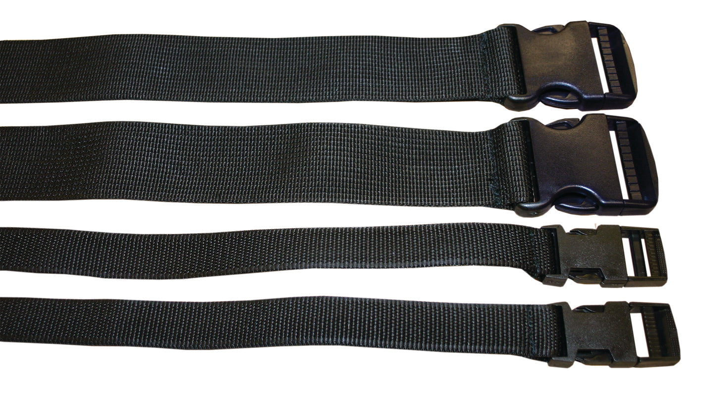 Four Mercian Legguard Straps are displayed horizontally on a white background, featuring both the male and female ends of the plastic buckle clips. Designed by Mercian, these durable black nylon straps provide a secure and reliable replacement for legguards or other protective equipment.