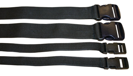 Four Mercian Legguard Straps are displayed horizontally on a white background, featuring both the male and female ends of the plastic buckle clips. Designed by Mercian, these durable black nylon straps provide a secure and reliable replacement for legguards or other protective equipment.