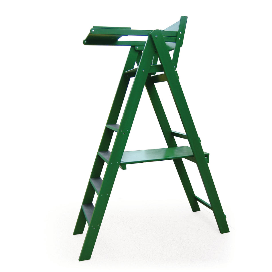 The Niels Larsen Umpire's Chair, crafted from sustainable timber with steps to a high seat and a small platform, stands out against a white background—ideal as distinctive tennis court furniture.
