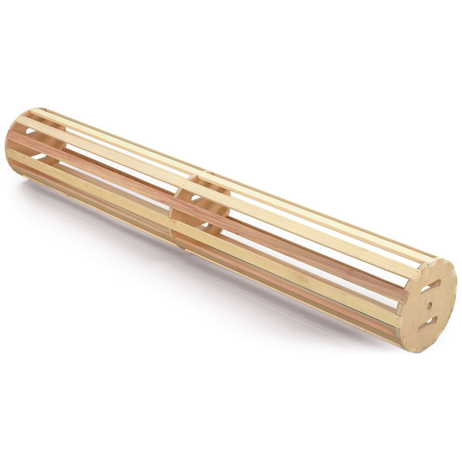 The Niels Larsen Matting Creel is a cylindrical wooden frame with evenly spaced slats and solid circular ends, perfect for cricket mat storage, shown diagonally on a white background.