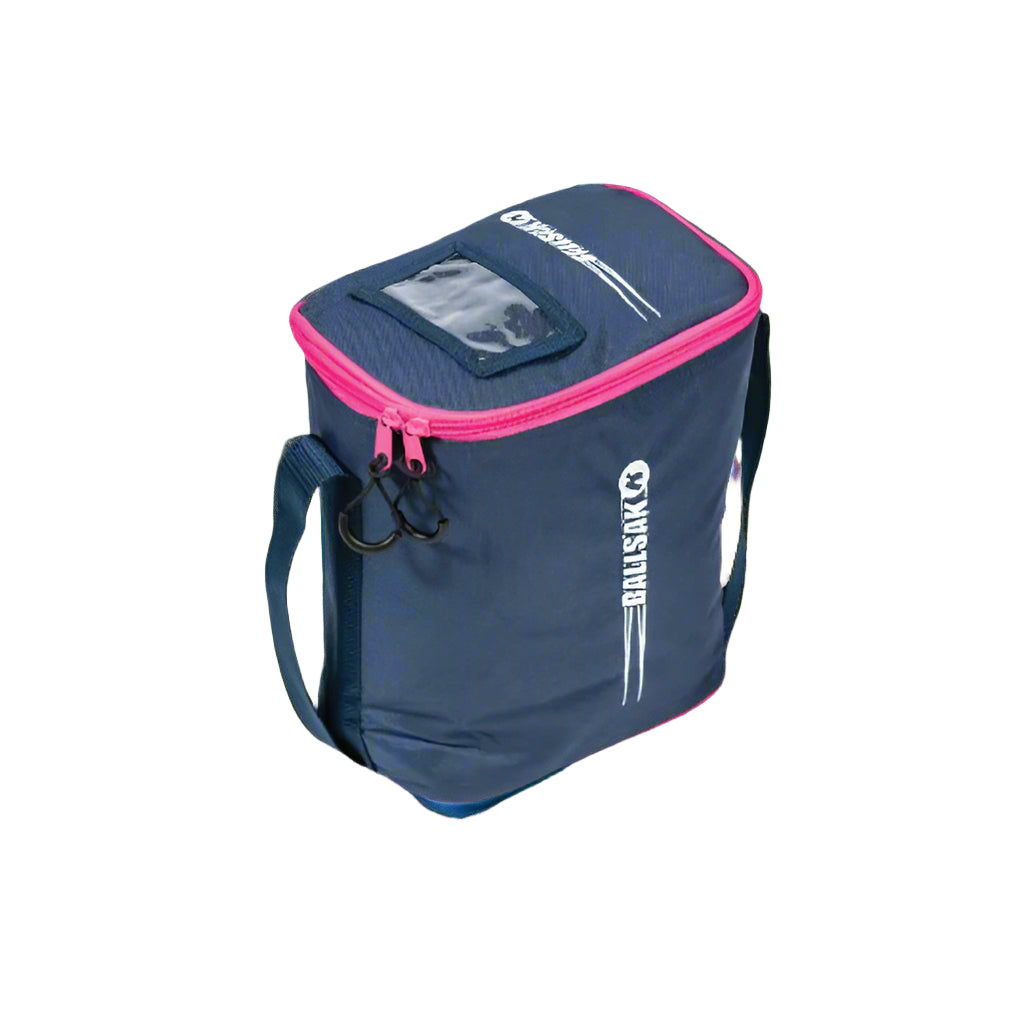 The Katchet BallSak by Katchet is a navy and pink insulated lunch bag with a shoulder strap, window pocket, and logo—ideal for snacks or as a handy ball bag for cricket or hockey balls.