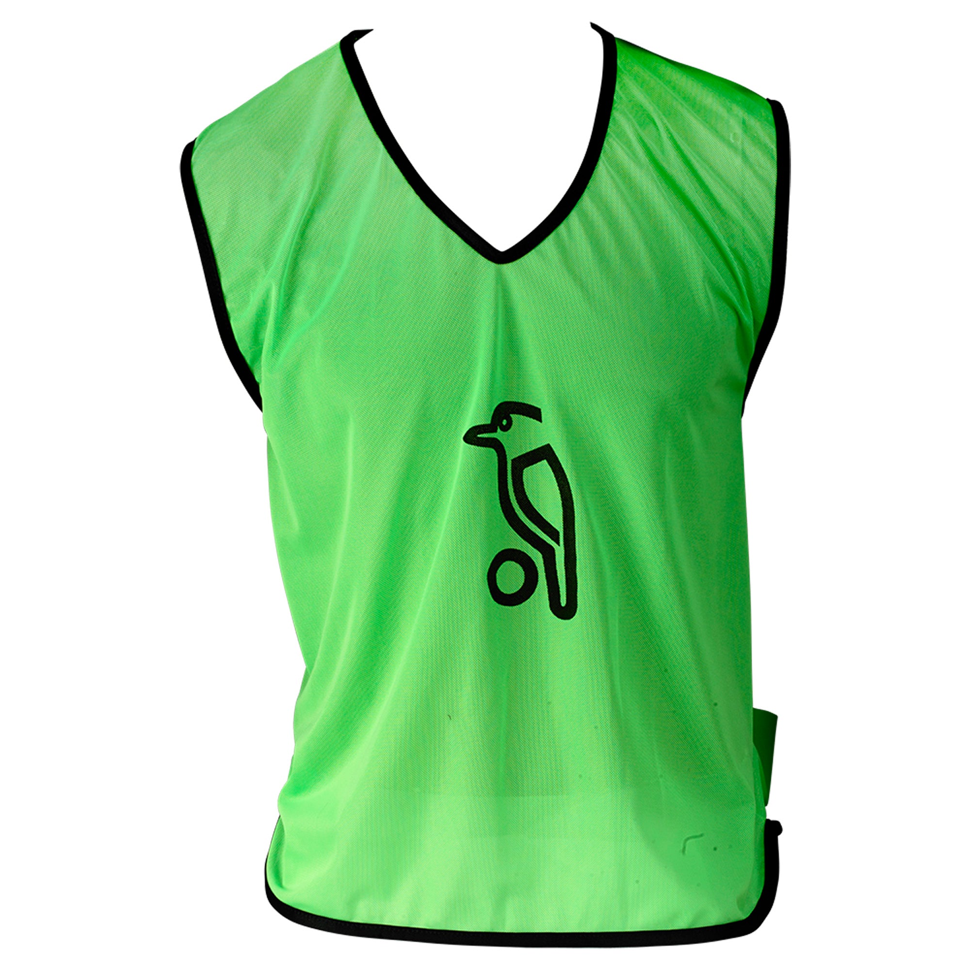 The Kookaburra Hockey Training Bibs by Kookaburra are green, sleeveless, and breathable mesh with black trim. A black outline bird standing on a ball is featured in the center. Displayed on a white background.