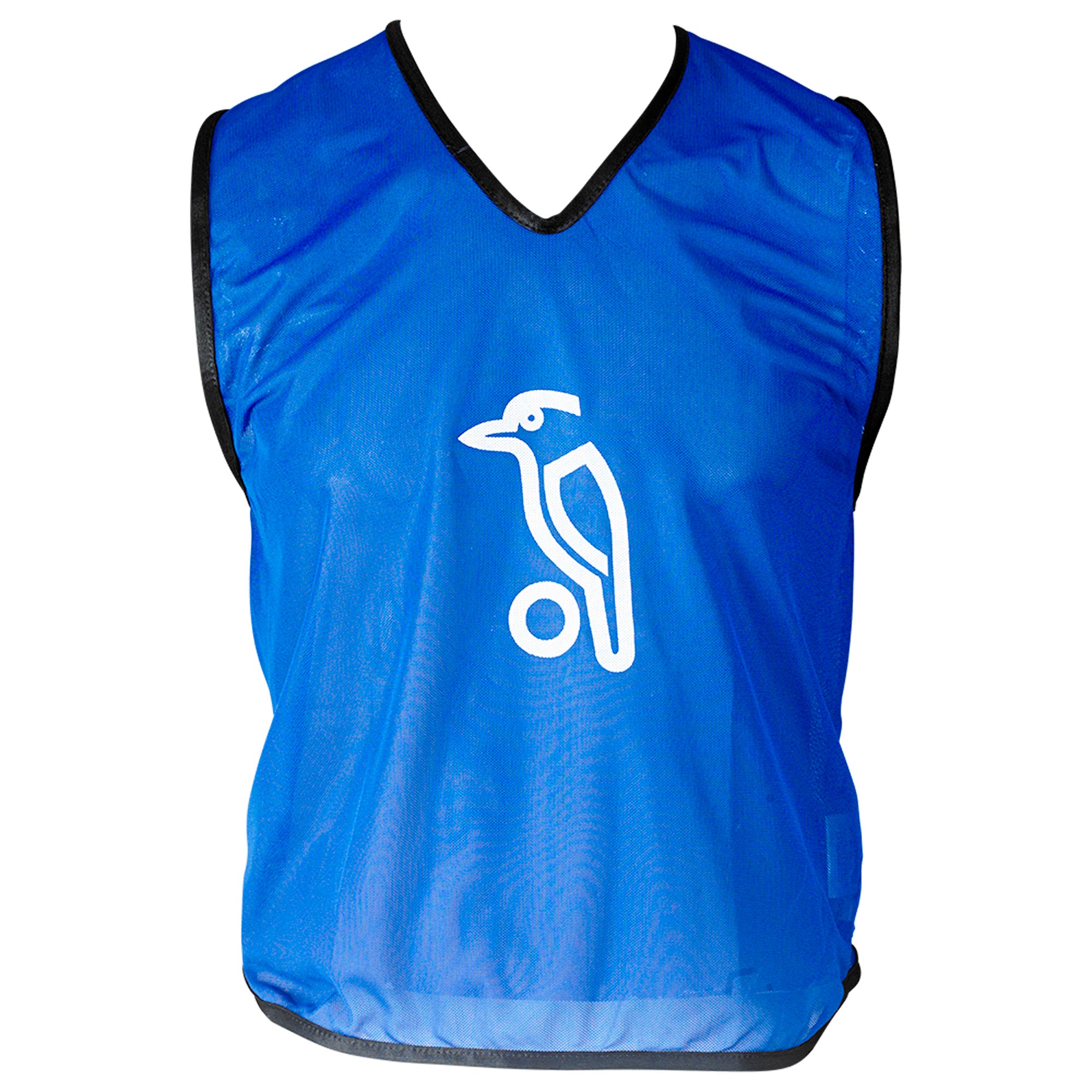 The Kookaburra Hockey Training Bibs by Kookaburra are blue, sleeveless, and made from lightweight mesh. Featuring black trim and a white bird-and-ball logo on the front, these breathable sports pinnies are shown flat on a white background.