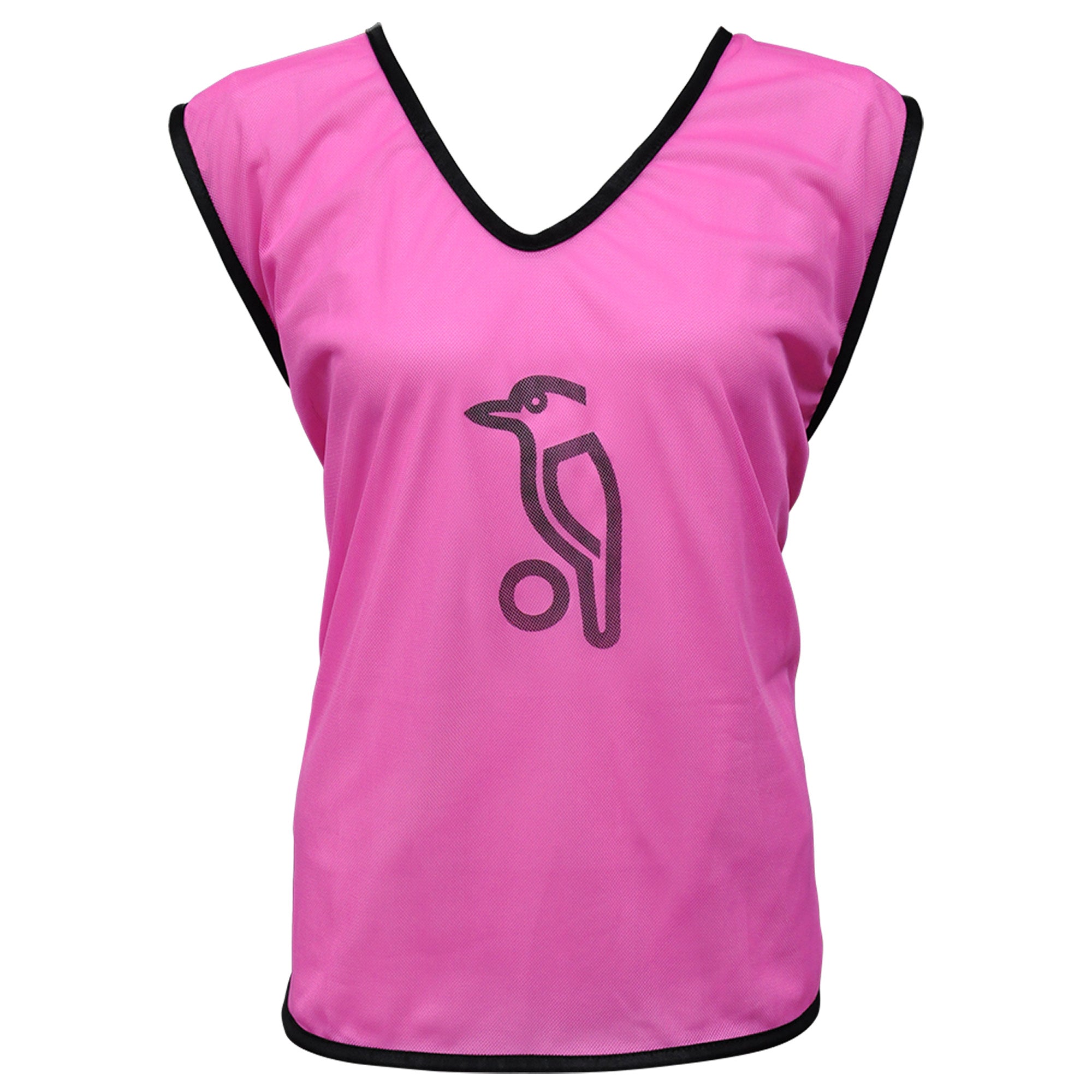 The Kookaburra Hockey Training Bibs by Kookaburra are pink with black trim, featuring a minimalist bird and ball logo. Made from breathable, lightweight mesh, they’re ideal as training bibs.