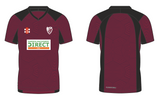 Front and back view of the Lydney CC Pro T20 Short Sleeve Match Shirt by Gray Nicolls in maroon with black accents, abstract pattern, club crest on left chest, sponsor logos on front, and CLEANCOLL text near the lower back.