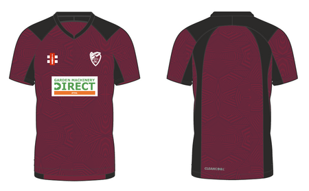 Front and back view of the Lydney CC Pro T20 Short Sleeve Match Shirt by Gray Nicolls in maroon with black accents, abstract pattern, club crest on left chest, sponsor logos on front, and CLEANCOLL text near the lower back.