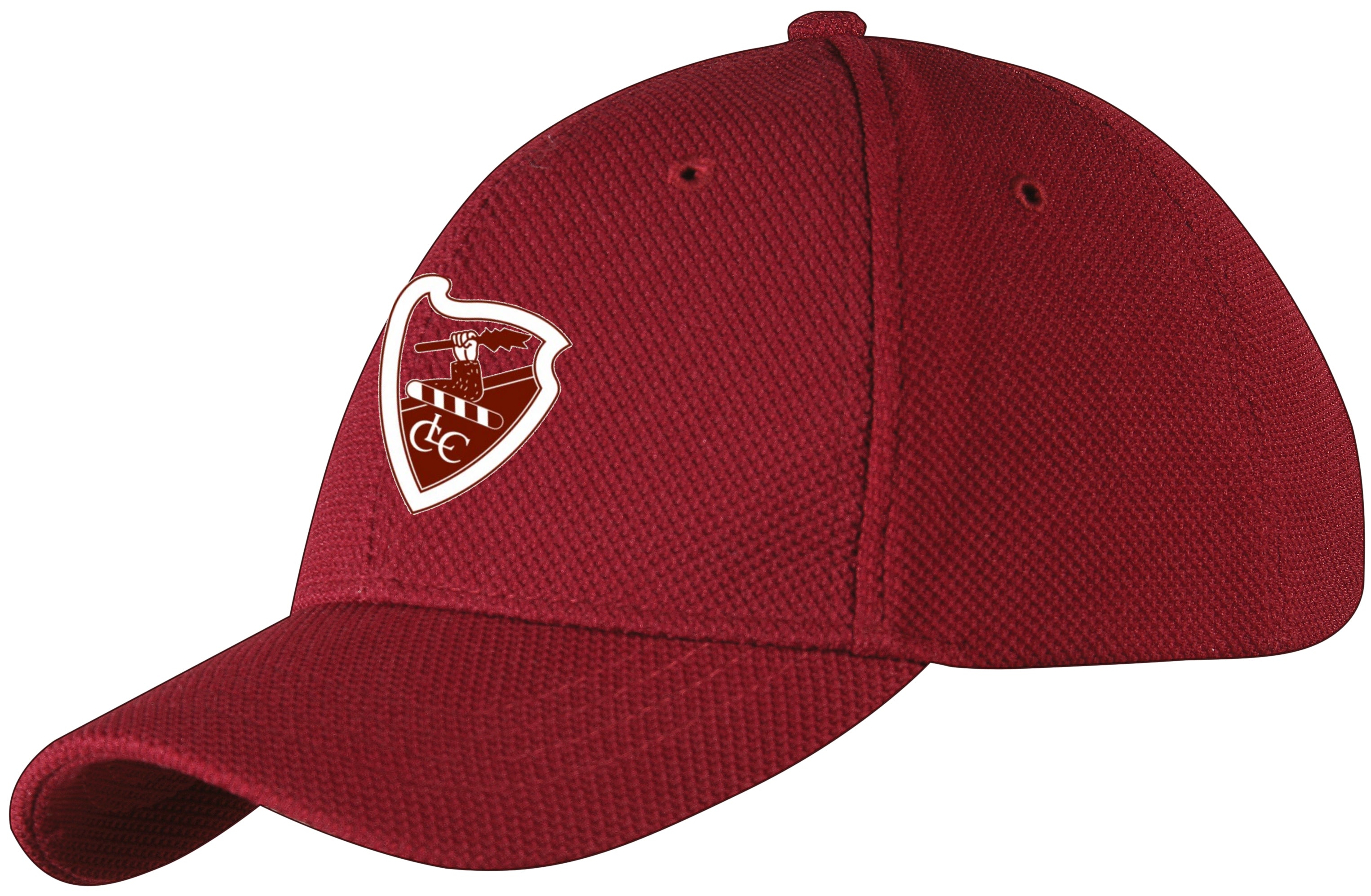 The Gray Nicolls Lydney CC Maroon Cricket Cap is made from polyester, features a maroon and white shield logo with a bat, wickets, and "CC" on the front, and offers an adjustable fit for comfort.