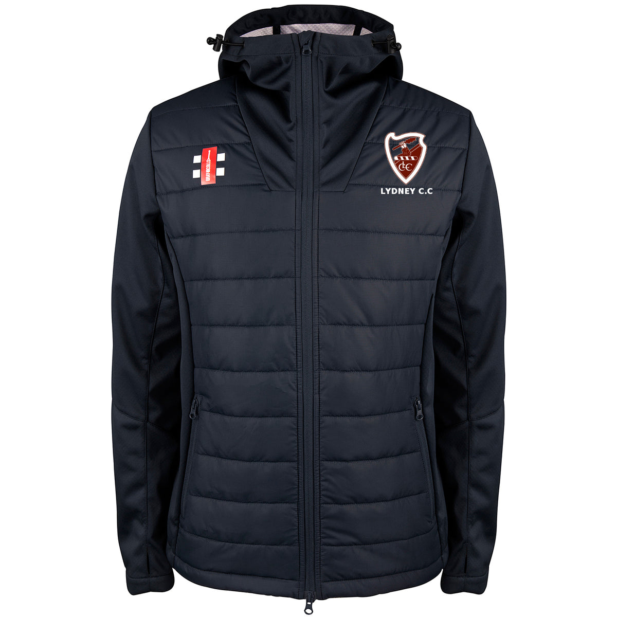 The Lydney CC Pro Performance Jacket by Gray Nicolls is a navy blue cricket club jacket with a hood, front zipper, two side pockets, recycled polyester fabric, the Lydney C.C. logo on the left chest, and a red and white cricket emblem on the right.