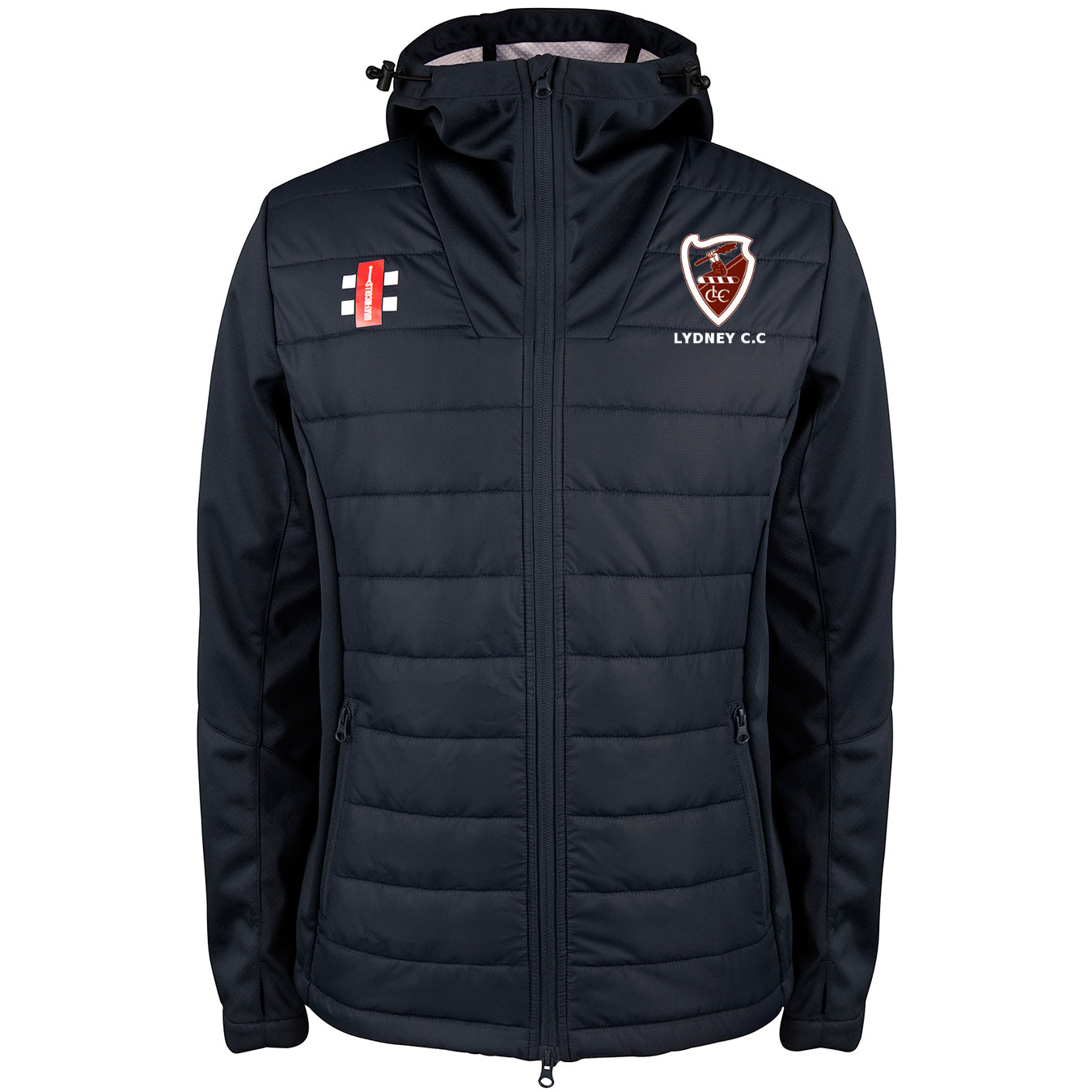 The Lydney CC Pro Performance Jacket by Gray Nicolls is a navy blue cricket club jacket with a hood, front zipper, two side pockets, recycled polyester fabric, the Lydney C.C. logo on the left chest, and a red and white cricket emblem on the right.