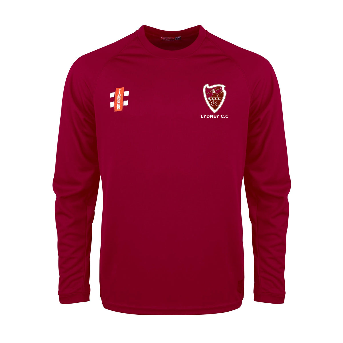 The Lydney CC Matrix V2 Long Sleeve Maroon T-Shirt by Gray Nicolls features LYDNEY C.C and a white/red crest on the left chest, two small white/red logos on the right, moisture-wicking fabric, and no collar.