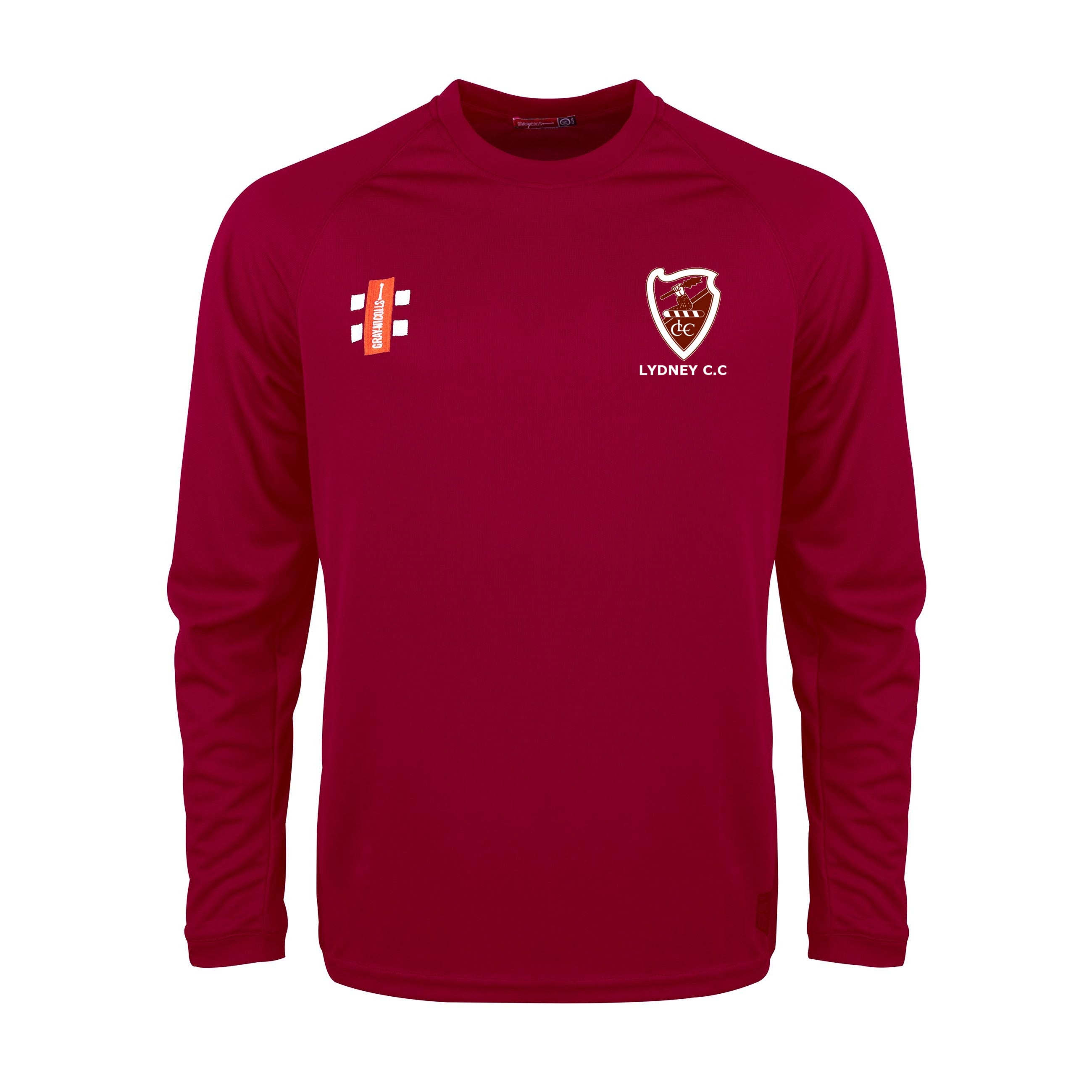The Lydney CC Matrix V2 Long Sleeve Maroon T-Shirt by Gray Nicolls features LYDNEY C.C and a white/red crest on the left chest, two small white/red logos on the right, moisture-wicking fabric, and no collar.