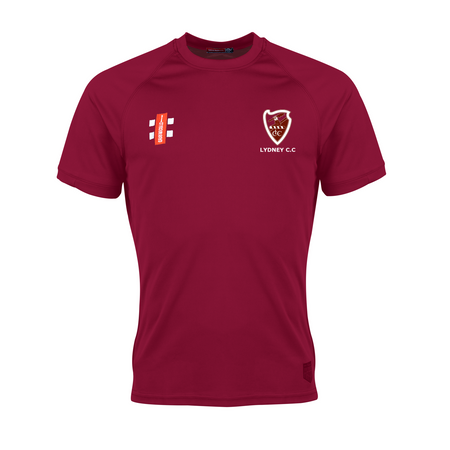 The Gray Nicolls Lydney CC Matrix V2 Maroon T-Shirt features the club crest on the left chest, a white and red sponsor logo on the right, moisture management, crew neck, and a plain design.