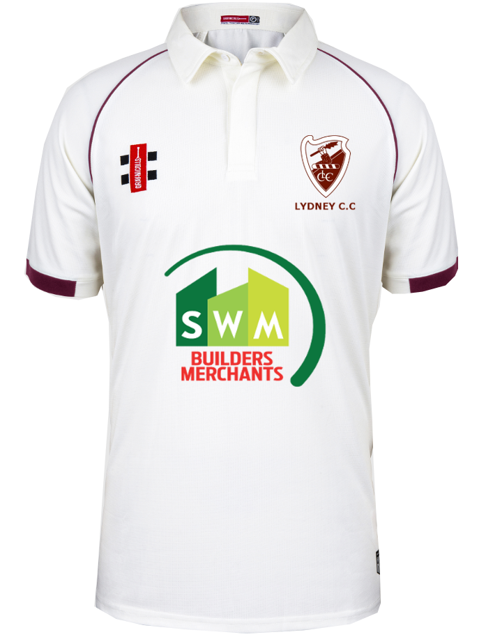The Gray Nicolls Lydney CC Matrix V2 S/S Senior Cricket Shirt is white with maroon trim, features the Lydney CC crest on the left chest, SWM Builders Merchants sponsor logo, and has advanced Moisture Control technology.