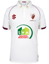 The Gray Nicolls Lydney CC Matrix V2 S/S Senior Cricket Shirt is white with maroon trim, features the Lydney CC crest on the left chest, SWM Builders Merchants sponsor logo, and has advanced Moisture Control technology.