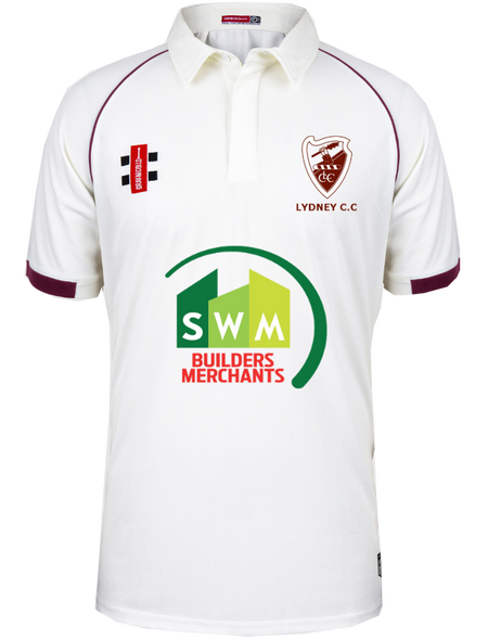 The Gray Nicolls Lydney CC Matrix V2 S/S Senior Cricket Shirt is white with maroon trim, features the Lydney CC crest on the left chest, SWM Builders Merchants sponsor logo, and has advanced Moisture Control technology.