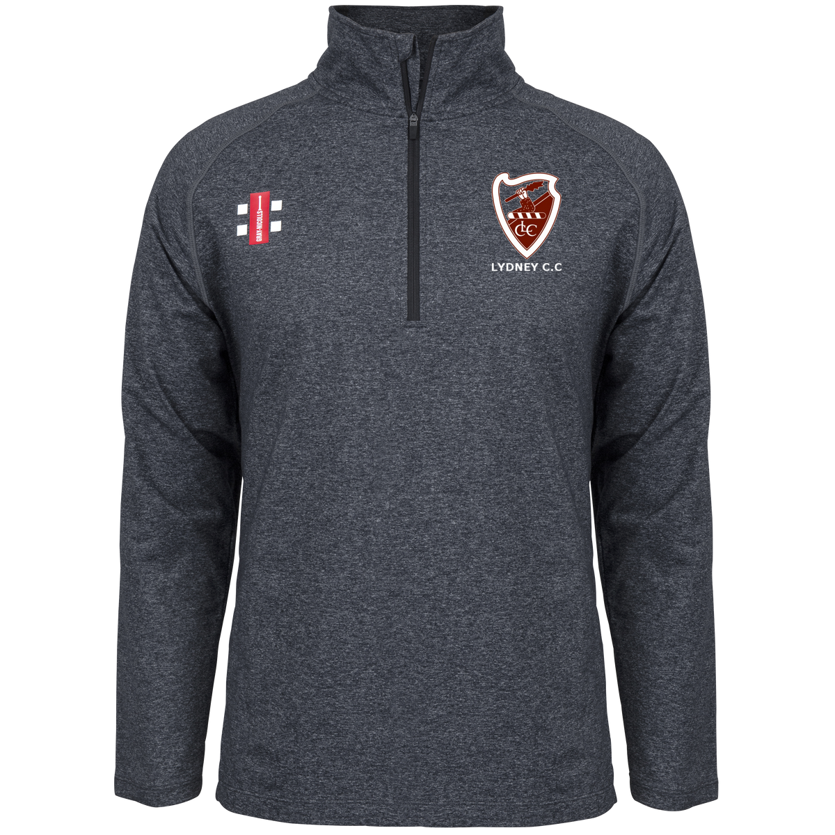 The Gray Nicolls Lydney CC Velocity Mid Layer is a dark gray, long-sleeve, stretch-fit quarter-zip top with a stand-up collar and features embroidered cricket and "LYDNEY C.C." shield logos on the chest.