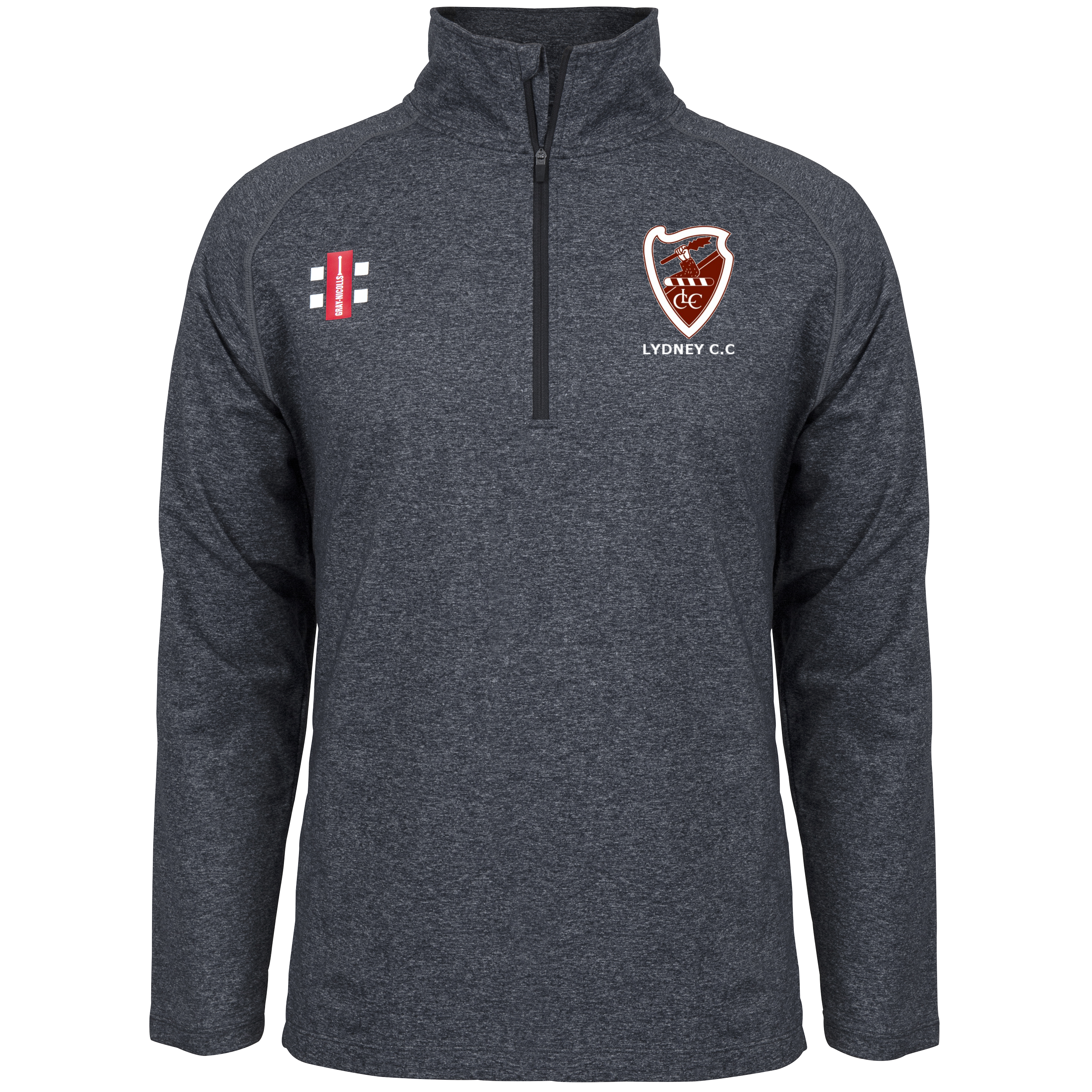 The Gray Nicolls Lydney CC Velocity Mid Layer is a dark gray, long-sleeve, stretch-fit quarter-zip top with a stand-up collar and features embroidered cricket and "LYDNEY C.C." shield logos on the chest.