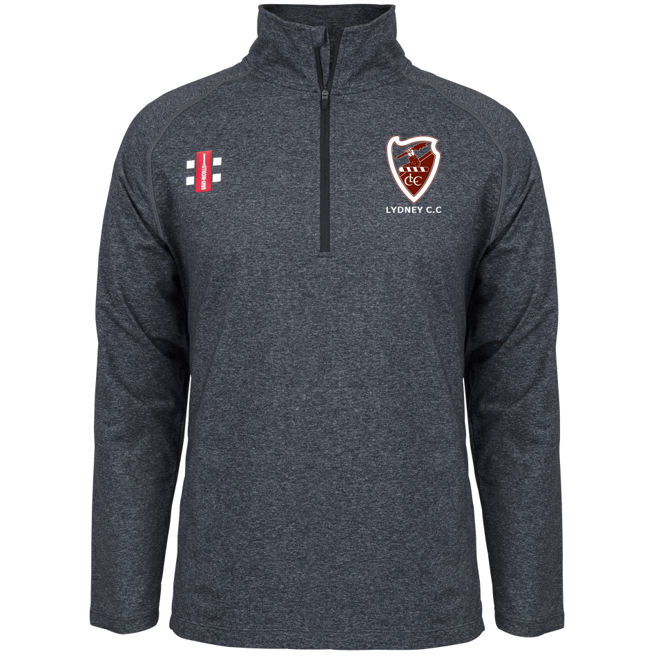 The Gray Nicolls Lydney CC Velocity Mid Layer is a dark gray, long-sleeve, stretch-fit quarter-zip top with a stand-up collar and features embroidered cricket and "LYDNEY C.C." shield logos on the chest.