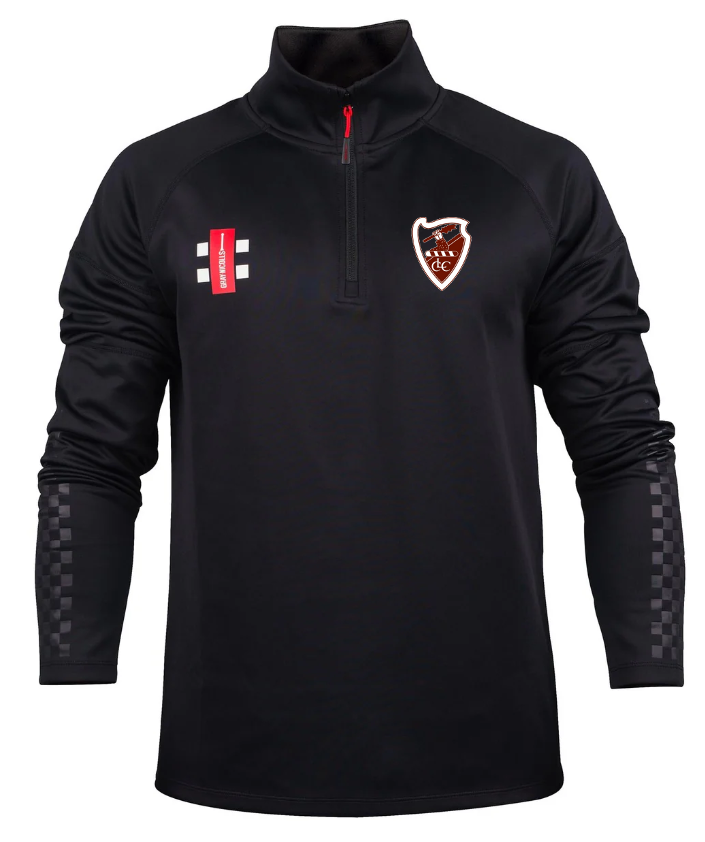 The Gray Nicolls Lydney CC Pro Thermo Fleece is a black long-sleeve pullover with a red quarter zip, thermo fleece lining, club crest on the left chest, cricket stumps logo on the right, and checkered lower sleeves.