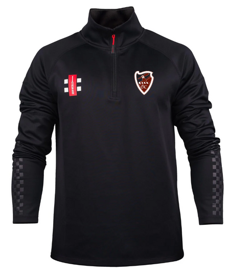 The Gray Nicolls Lydney CC Pro Thermo Fleece is a black long-sleeve pullover with a red quarter zip, thermo fleece lining, club crest on the left chest, cricket stumps logo on the right, and checkered lower sleeves.