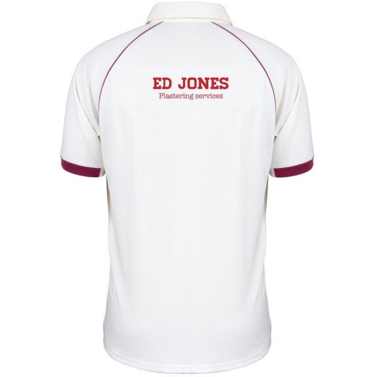 The Gray Nicolls Lydney CC Matrix V2 S/S Senior Cricket Shirt, shown from the back, features moisture control fabric and "ED JONES Plastering services" in red on the upper back. Ideal for Lydney CC players.