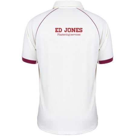 The Gray Nicolls Lydney CC Matrix V2 S/S Senior Cricket Shirt, shown from the back, features moisture control fabric and "ED JONES Plastering services" in red on the upper back. Ideal for Lydney CC players.