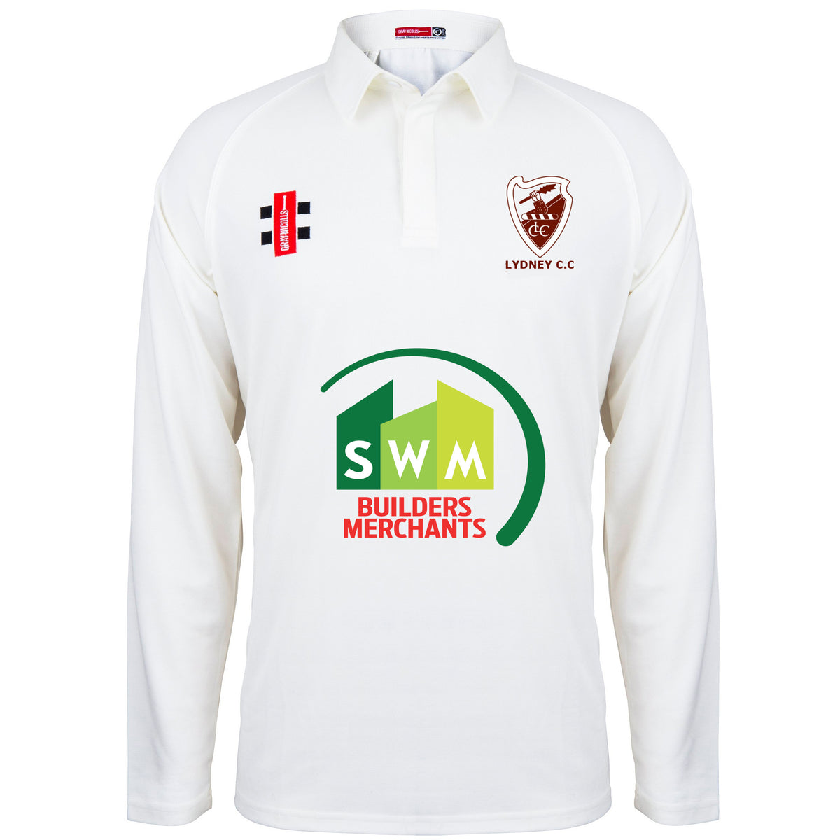 The Gray Nicolls Lydney CC Matrix V2 Long Sleeved Playing Shirt is a white cricket top with the Lydney C.C. chest logo, SWM Builders Merchants sponsor in green and red, and breathable sportswear branding details.