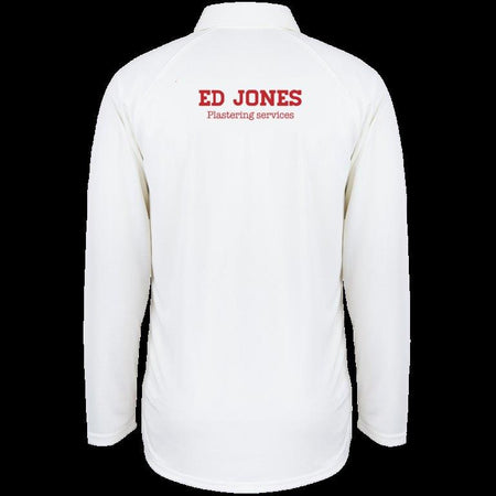 The Lydney CC Matrix V2 Long Sleeved Playing Shirt by Gray Nicolls is a white, breathable sportswear top. Viewed from the back, it features red "ED JONES" text near the shoulders and smaller "Plastering services" below.