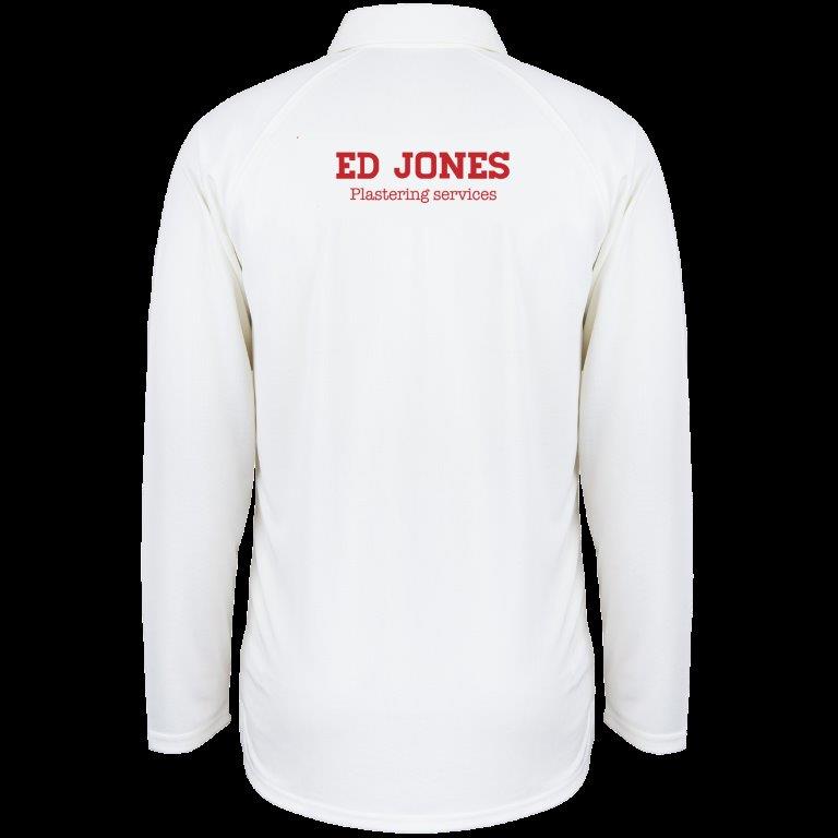 The Lydney CC Matrix V2 Long Sleeved Playing Shirt by Gray Nicolls is a white, breathable sportswear top. Viewed from the back, it features red "ED JONES" text near the shoulders and smaller "Plastering services" below.