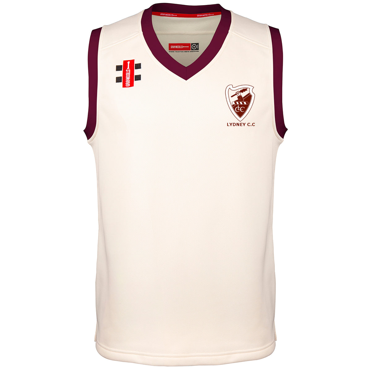 The Lydney CC Pro Performance Slipover by Gray Nicolls is a sleeveless white cricket top with maroon collar and armhole trim, featuring the Lydney C.C. logo left chest plus sponsor logos on right chest and upper shoulder—essential for cricket players.