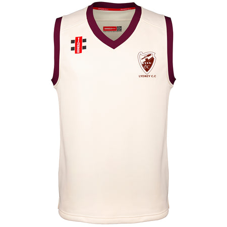 The Lydney CC Pro Performance Slipover by Gray Nicolls is a sleeveless white cricket top with maroon collar and armhole trim, featuring the Lydney C.C. logo left chest plus sponsor logos on right chest and upper shoulder—essential for cricket players.