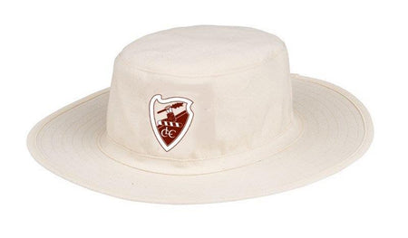 The Gray Nicolls Lydney CC Sunhat is a cream cotton wide-brim hat with a maroon and white shield logo on the front, displaying a cricket bat, stumps, and the letters CC.