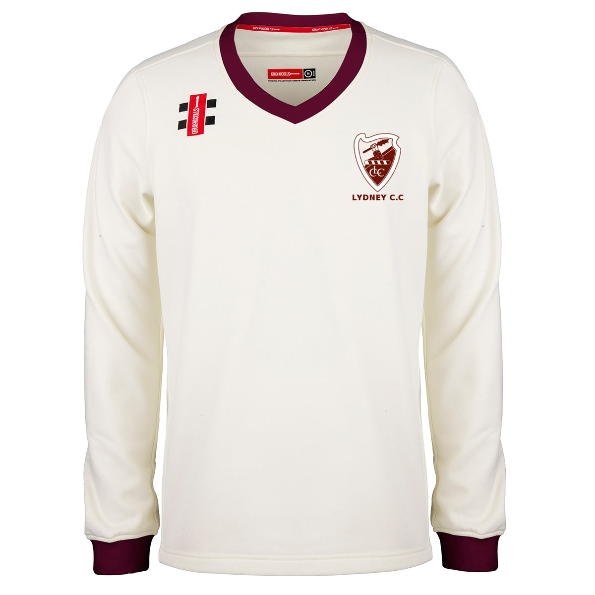 The Gray Nicolls Lydney CC Pro Performance Sweater is a cream, long-sleeved cricket sweater with maroon-trimmed collar and cuffs, featuring the Lydney CC crest (left chest) and sponsor logos (upper right chest & left shoulder).