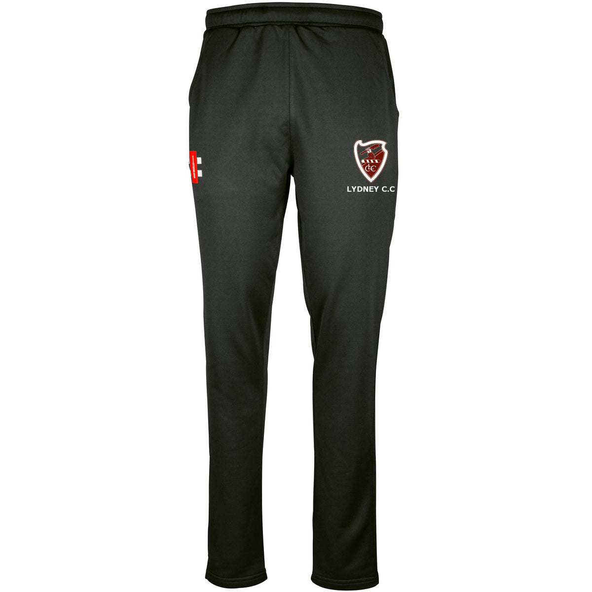 The Gray Nicolls Lydney CC Pro Performance Training Trousers feature an elastic waistband, tailored fit, LYDNEY C.C. and red/white shield logo on the right thigh, plus a small left logo—designed for comfort and moisture management.
